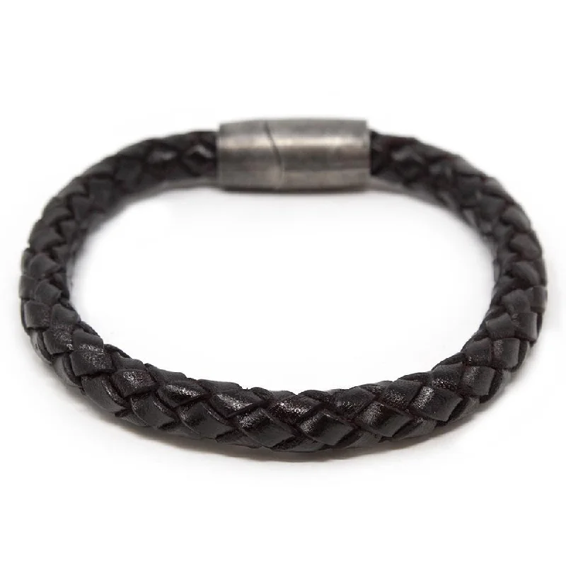 women gemstone bracelets -Braided Leather Bracelet with Puzzle Clasp Black Large