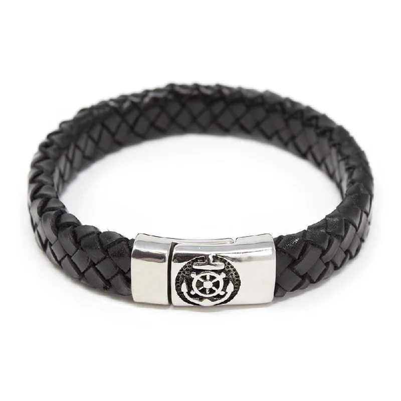 women large bangles -Braided Leather Bracelet with Anchor Clasp Black Large