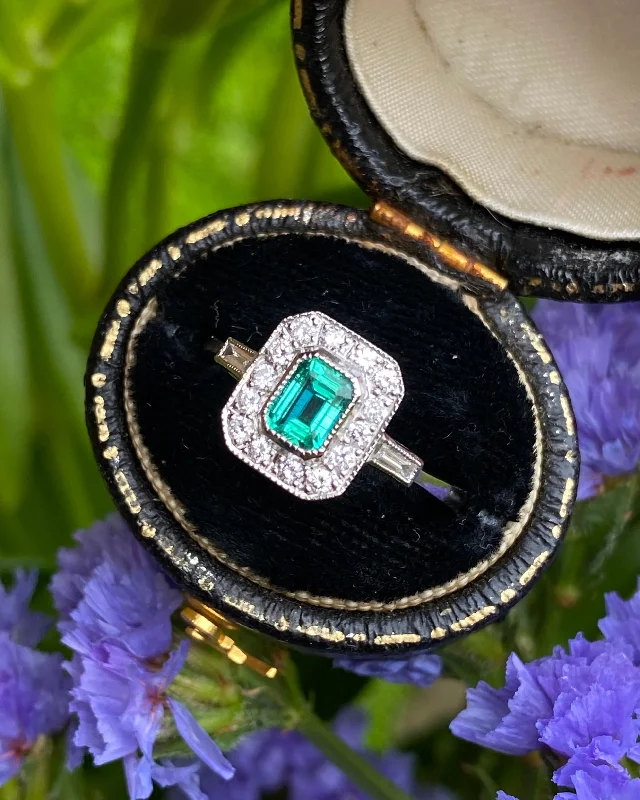 women double band rings -Art Deco Emerald and Diamond Cluster Platinum Ring 0.30ct + 0.50ct