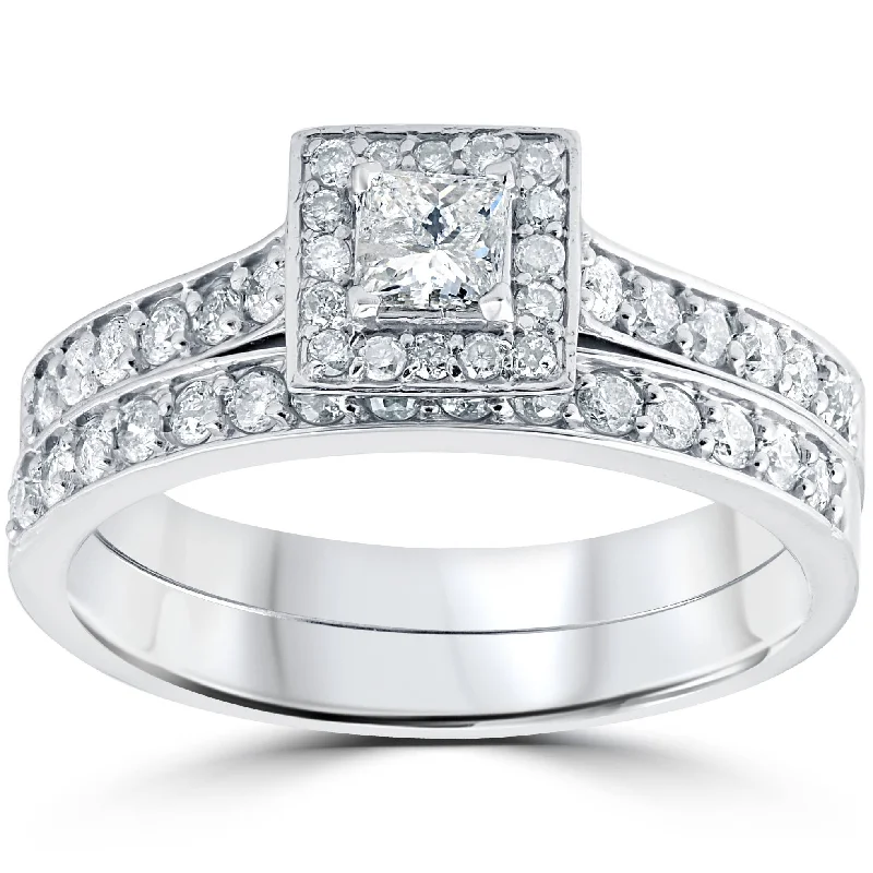 women antique engagement rings -3/4 cttw Princess Cut Diamond Halo Engagement Wedding Ring Set 10K White Gold