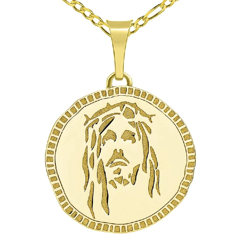 women etched metal necklaces -14k Gold Hand Engraved Face of Jesus Christ Medallion Pendant with Figaro Chain Necklace - Yellow Gold