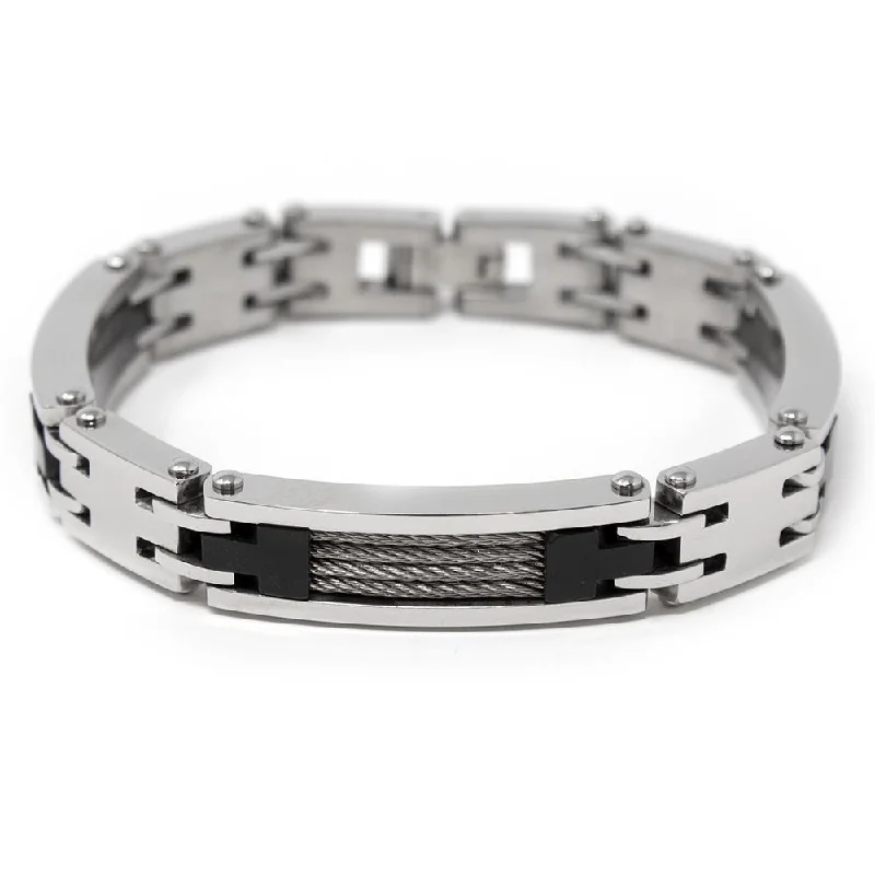 women oval bangles -Men's Stainless Steel Cable Inlay Link Bracelet