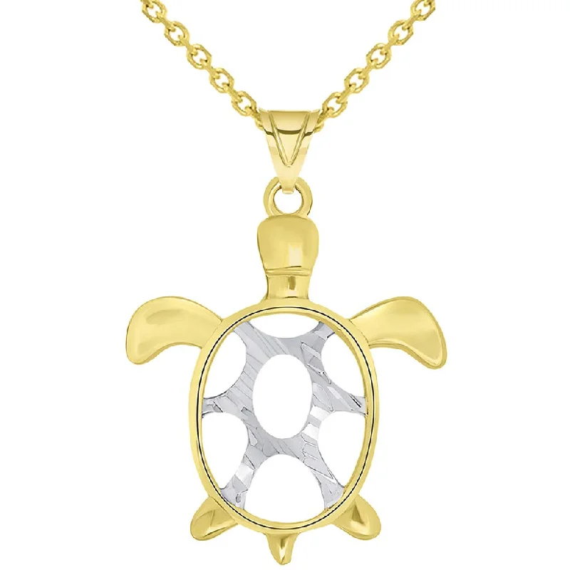 women statement silver necklaces -14k Gold Textured Two Tone Open Shell Sea Turtle Good Luck Pendant Necklace Available with Rolo, Curb, or Figaro Chain - Yellow Gold