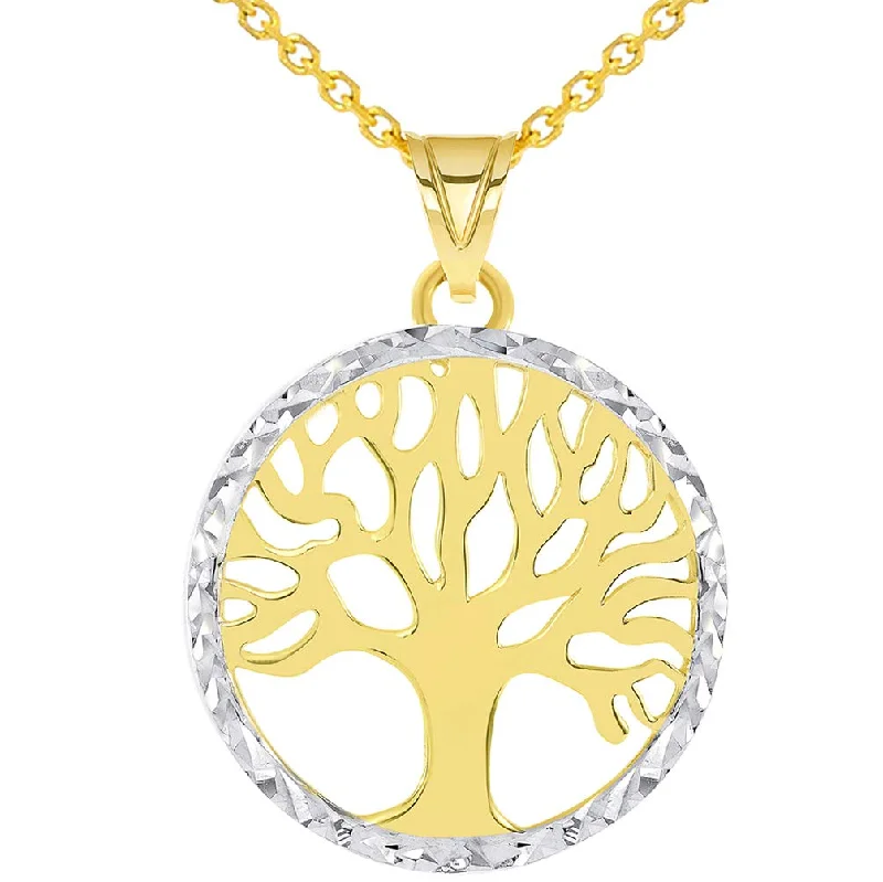 women gold chain necklaces -14k Gold Textured and Polished Round Tree of Life Medallion Pendant Necklace - Yellow Gold