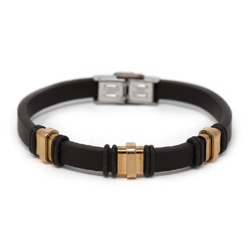 women stack bracelets -Brown Leather Rose Gold Stainless Steel Three Barrels Bracelet