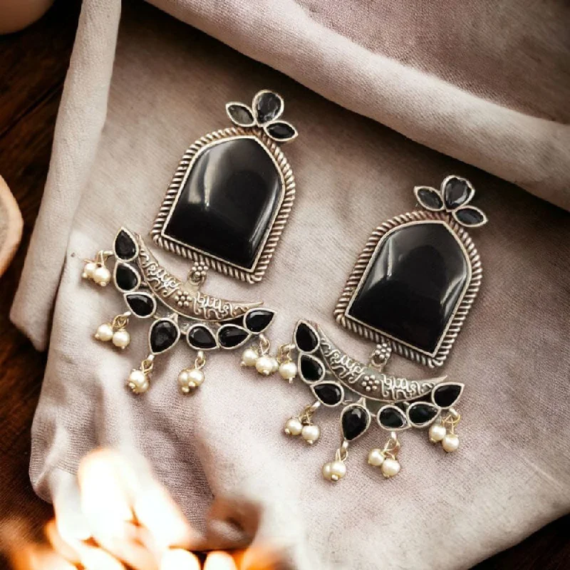 women statement earrings -Maharani Jewels Oxidised Plated Pota Stone And Pearl Dangler Earrings