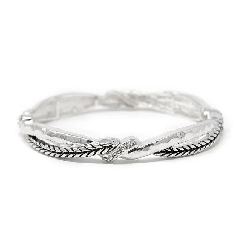 women cuff bangles -Braided and Hammered Stretch Bracelet with CZ Silver Tone