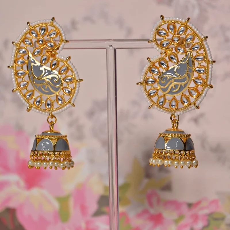 women floral dangle earrings -Shagna Gold Plated Kundan Pearl And Meenakari Jhumki Earrings