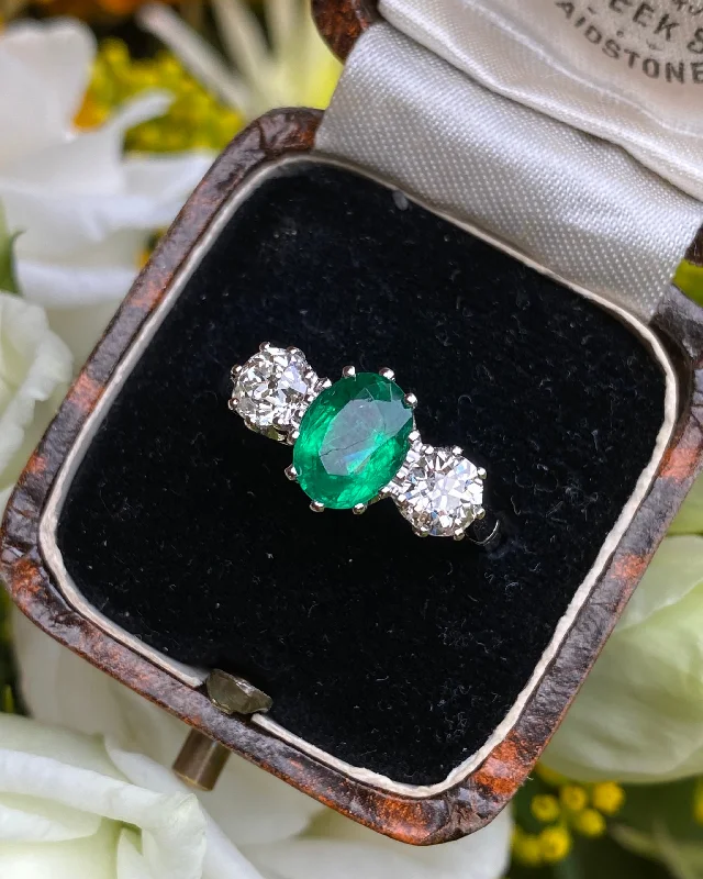 women large rings -Emerald and Diamond Three Stone Platinum Ring 0.85ct + 1.30ct