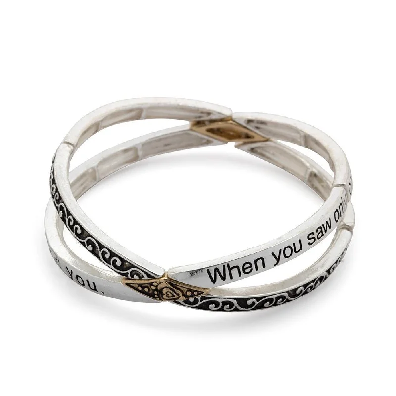 women rose gold bangles -Inspirational Stretch Bracelet Footprints Two Tone