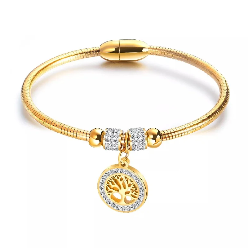 women leather cuff bracelets -Stainless Steel CZ Pave Tree Of Life Magnetic Bracelet Gold Plated