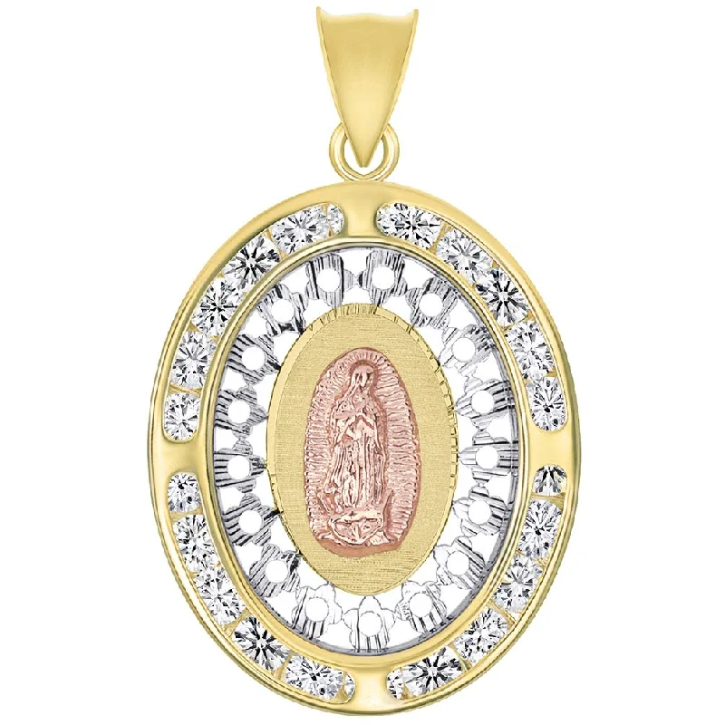 women vintage-style necklaces -14k Yellow Gold and Rose Gold CZ Oval Our Lady of Guadalupe Miraculous Medallion Pendant