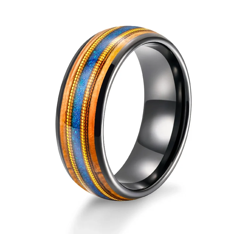 women antique engagement rings -Whiskey Barrel Wood 3A Blue Opal Dual Gold Guitar Strings Inlay Tungsten Ring