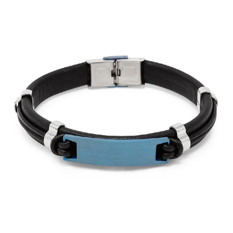 women double band bracelets -Stainless Steel Black Brown Leather Bracelet ID Station Blue