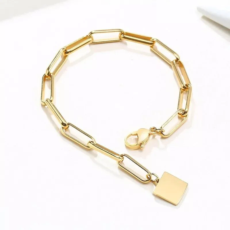 women vintage bangles -Stainless Steel Link Chain Bracelet With Square Charm Gold Plated