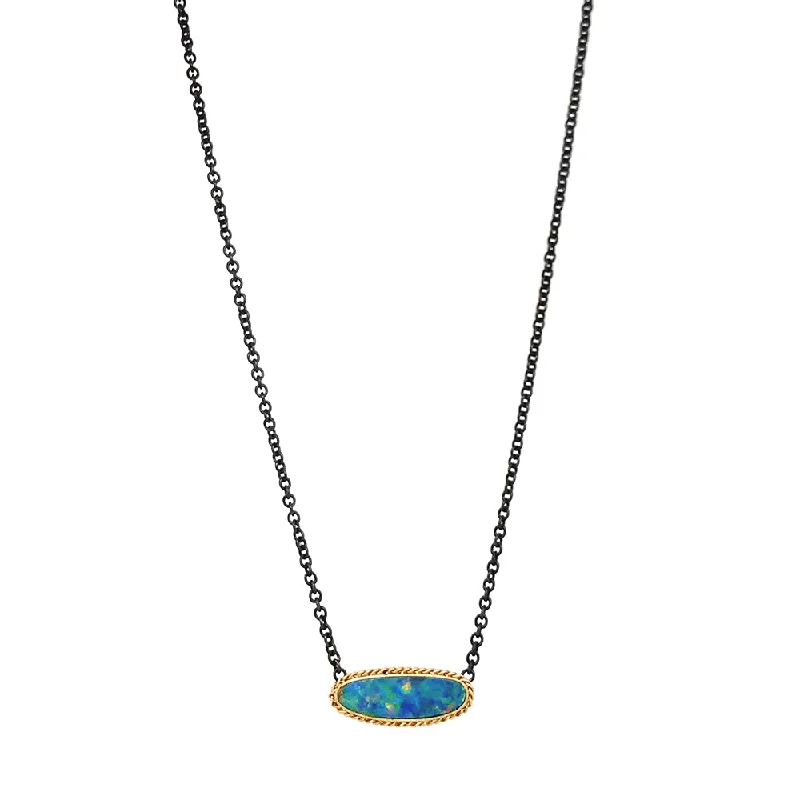 women minimalist necklaces -Sterling Silver & Yellow Gold Australian Opal Doublet Necklace - "Glowing Sea"