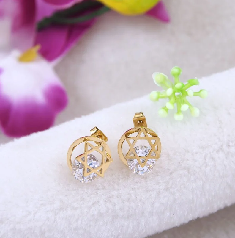 women geometric earrings -Tarohi JewelsStainless Steel Gold Plated Cubic Zicron Star Shaped Stud Earring- STNER 4057