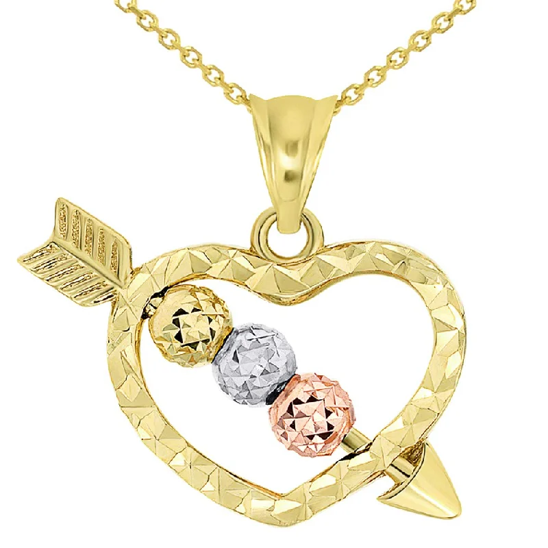 women birthstone necklaces -14k Tri-Color Gold Beaded Cupid's Love Arrow Through Textured Small Heart Pendant Necklace with Cable, Curb, or Figaro Chain