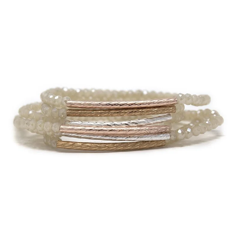 women gold-plated bangles -Set of Six Light Grey Bead Stretch Bracelet Three Tone