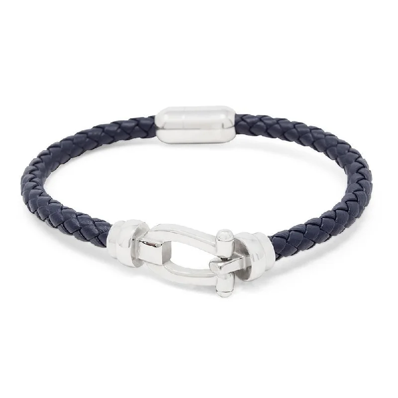 women multi-strand bracelets -Stainless Steel Braided Leather Bracelet Horseshoe Navy Silver