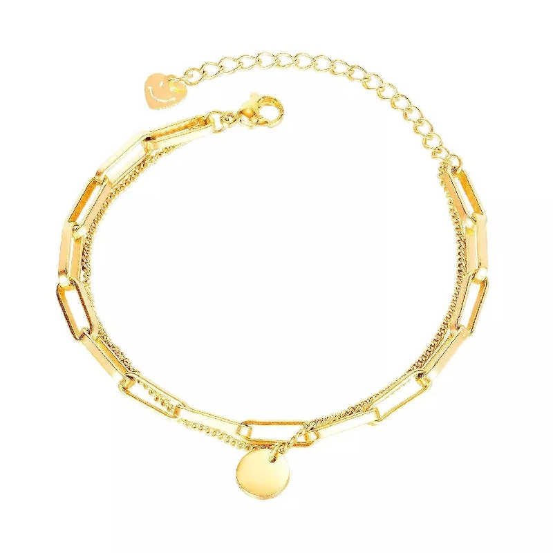 women rose gold bracelets -Stainless Steel Link Chain Bracelet With Happy Face Charm Gold Plated