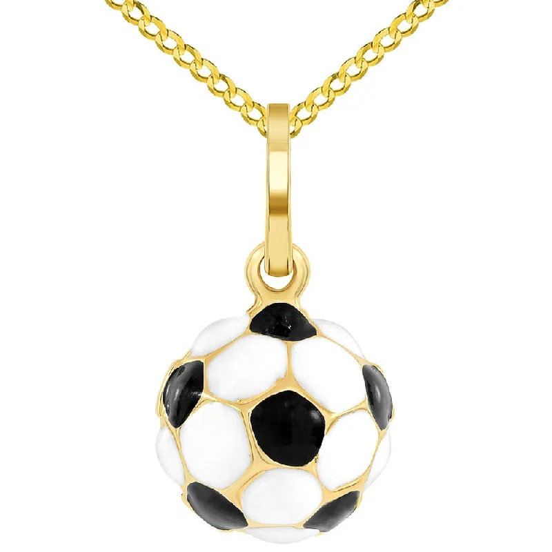 women thick chain necklaces -14k Yellow Gold Black and White Enameled 3D Classic Soccer Ball Charm Pendant with Curb Chain Necklace