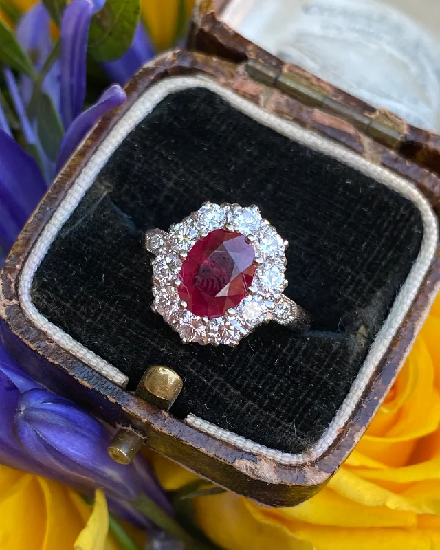 women eternity bands -Victorian Style Ruby and Diamond Cluster Platinum Ring 0.90ct + 1.95ct