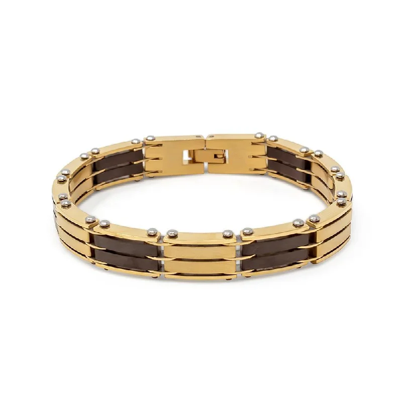 women leather bracelets -Stainless Steel Ion Plated Gold and Black Bracelet