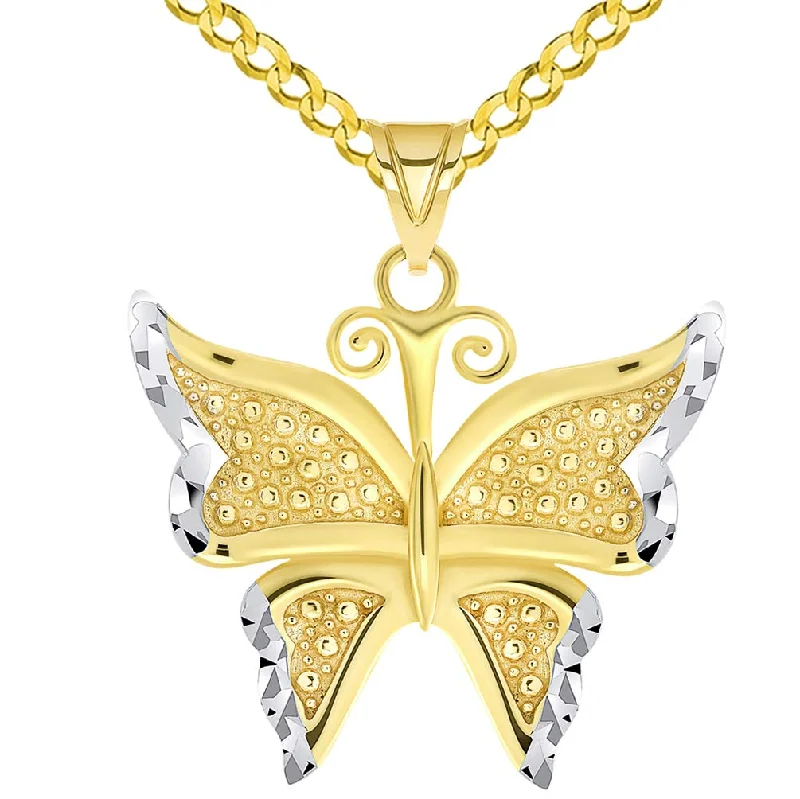 women luxurious gemstone necklaces -14k Yellow Gold Polished and Textured Two-Tone Butterfly Pendant Curb Chain Necklace