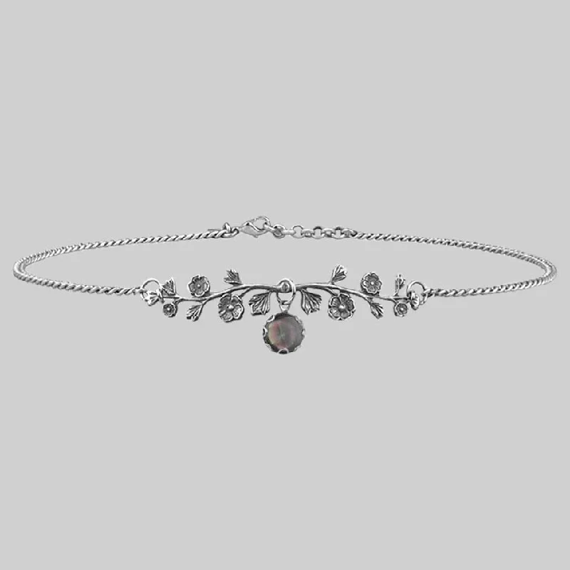 women chic necklaces -DARK BLOOM. Black Mother of Pearl Choker - Silver