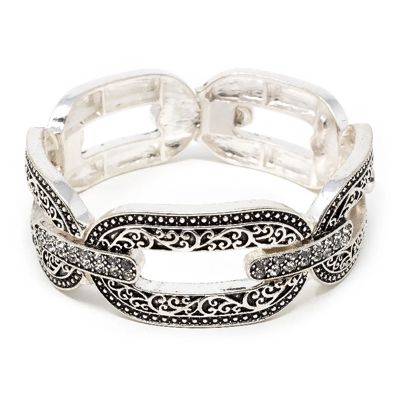 women double chain bracelets -Stretch Bracelet Filigree Links CZ Silver Tone