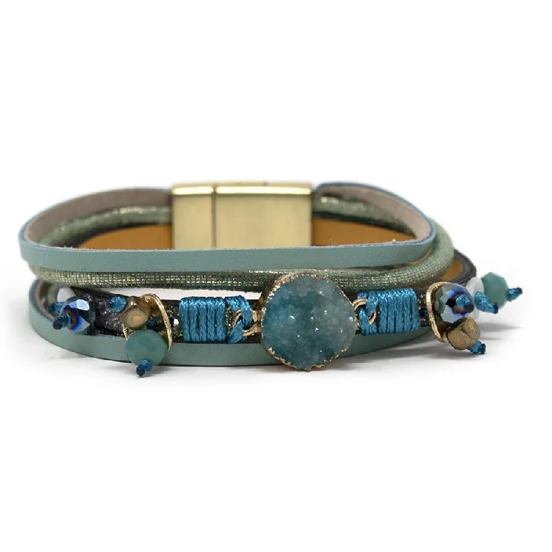 women silver cuff bracelets -Five Row Leather Druzy Bracelet Turquoise