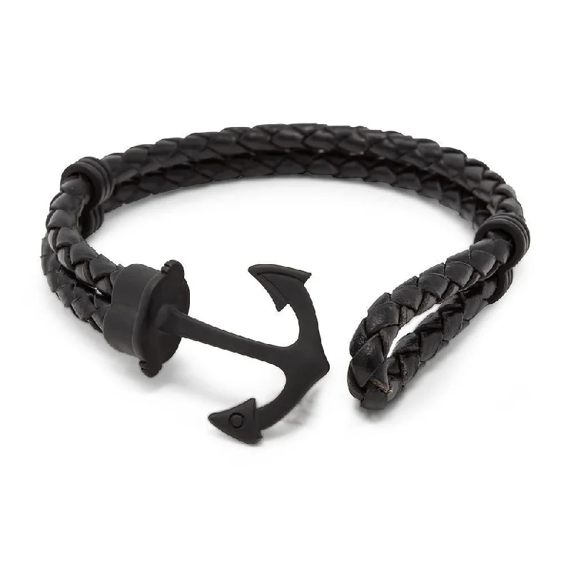 women wide cuff bracelets -Double Black Braided Leather Black Ion Plated Stainless Steel Anchor Bracelet