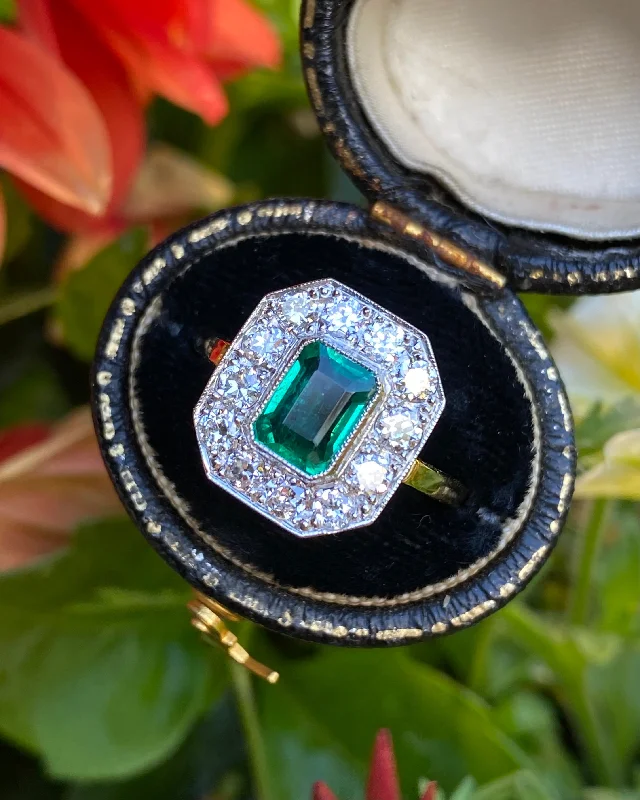 women designer rings -Art Deco Emerald and Diamond Cluster Ring 18ct Yellow Gold 0.80ct + 1.10ct