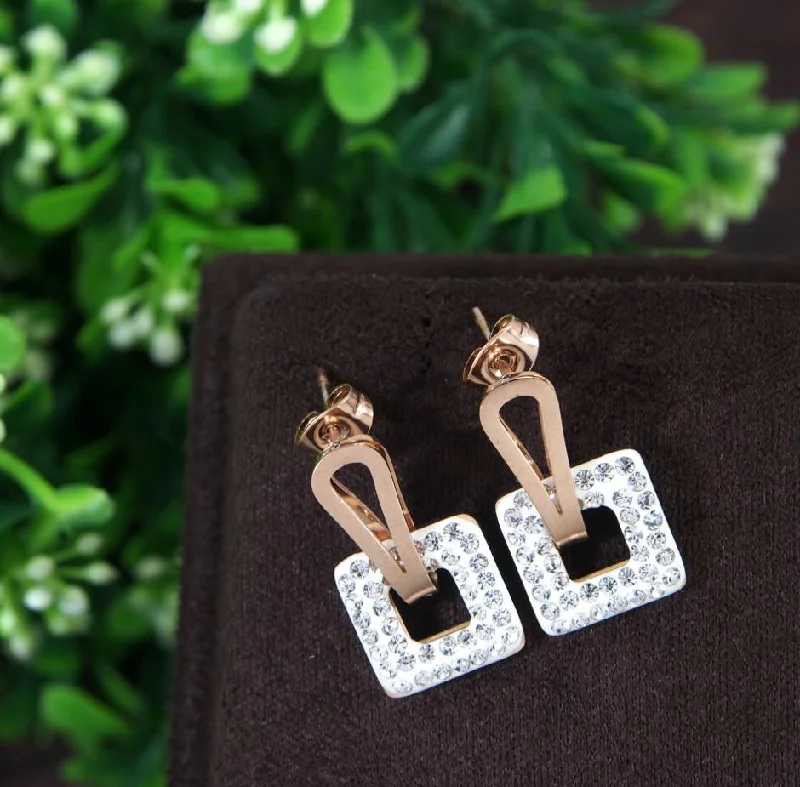 women heart earrings -Tarohi JewelsStainless Steel Rosegold Plated Square Shaped White Coloured Earring-STNER 2767