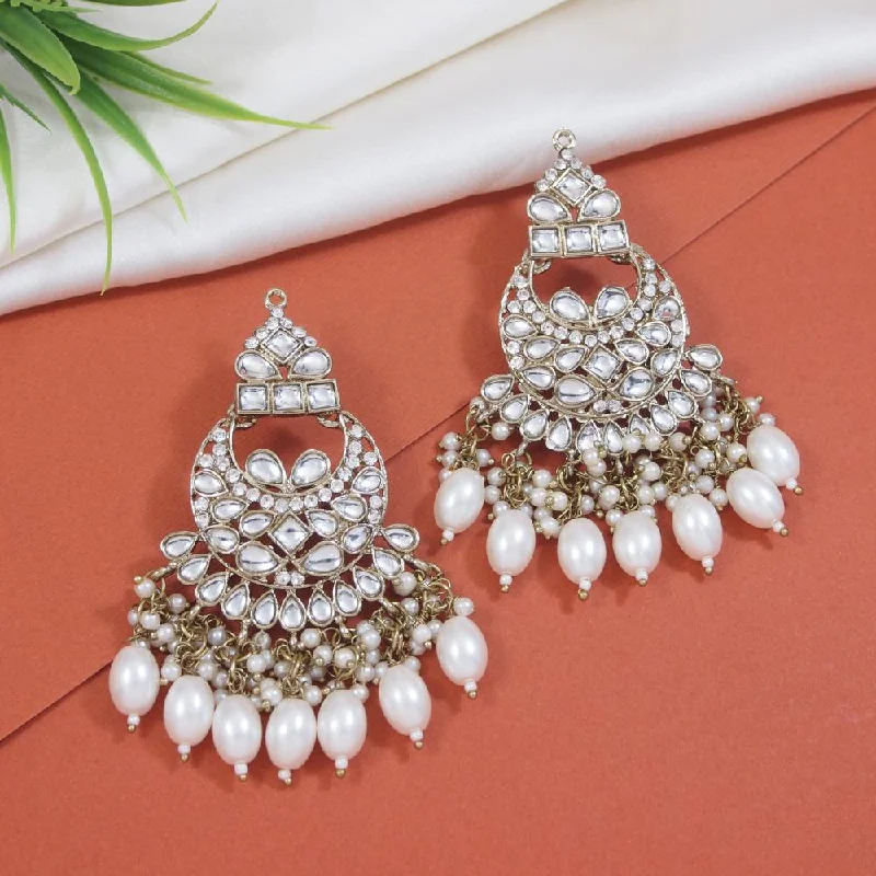 women vintage earrings -Etnico Gold Plated Traditional Kundan & Pearl Chandbali Earrings For Women (E3158W)