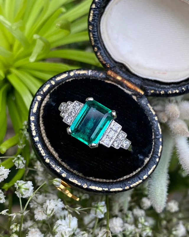 women personalized gemstone rings -Art Deco Emerald and Diamond Platinum Ring 0.25ct + 2.0ct