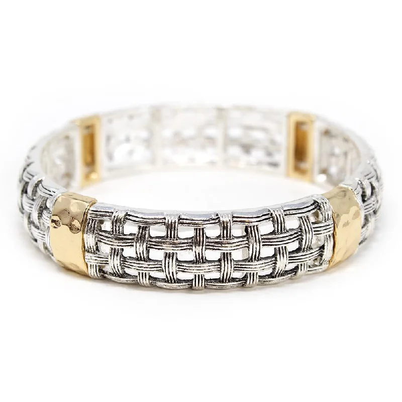 women double chain bracelets -Two Tone Woven Stretch Bracelet Gold Tone