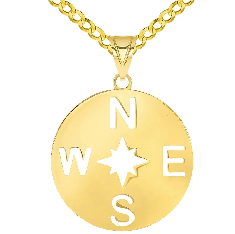 women infinity necklaces -14k Yellow Gold Round 8-Point Wind North Star Compass Rose Pendant Curb Chain Necklace