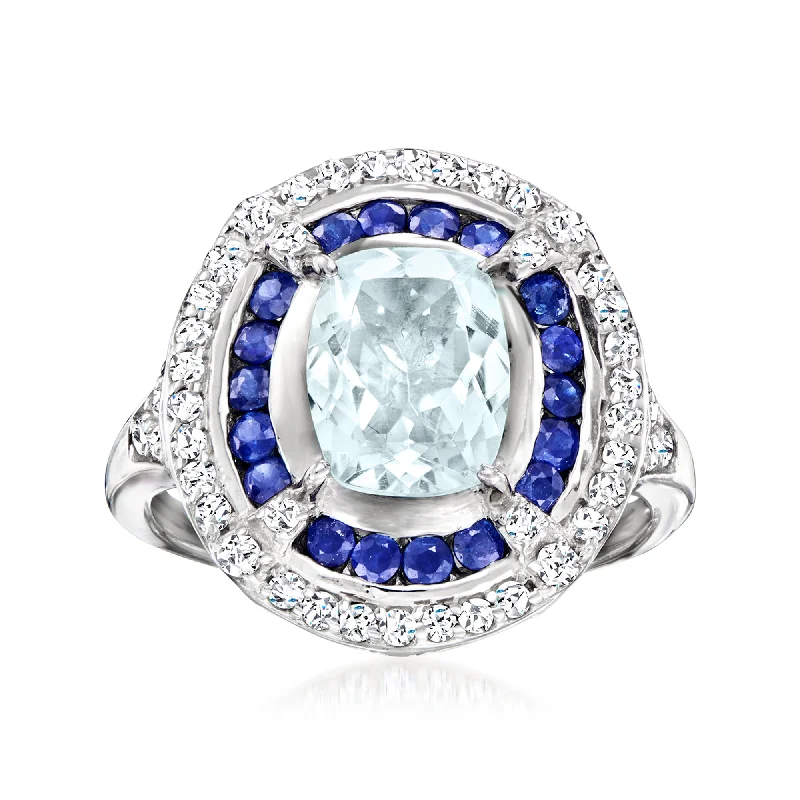 double band engagement rings -Ross-Simons Aquamarine and . Sapphire Ring With . White Topaz in Sterling Silver