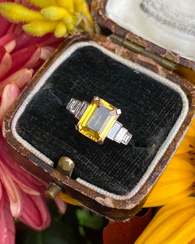 women classic solitaire rings -Art Deco Yellow Sapphire and Diamond Platinum Ring 0.35ct + 2.25ct