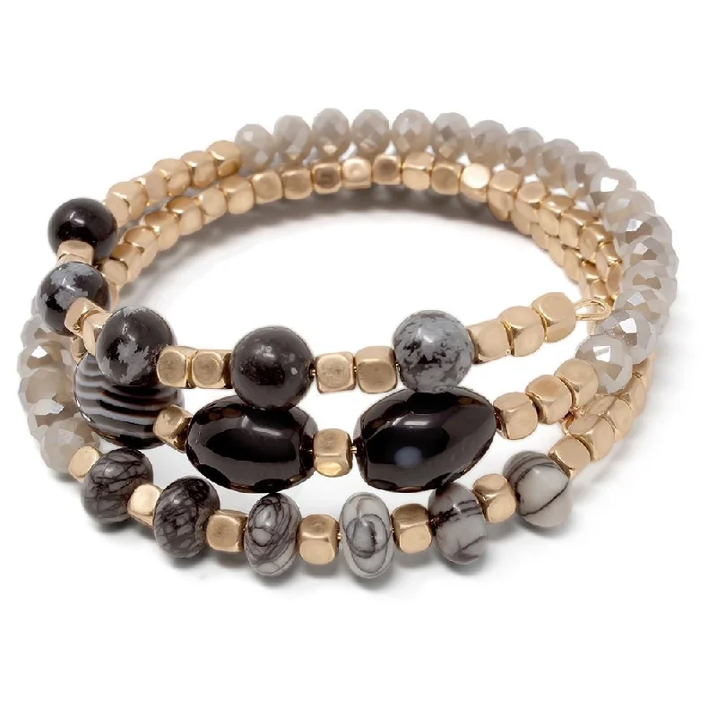 women custom charm bracelets -Black Glass Bead Wrap Bracelet with Oval Stone Gold Tone