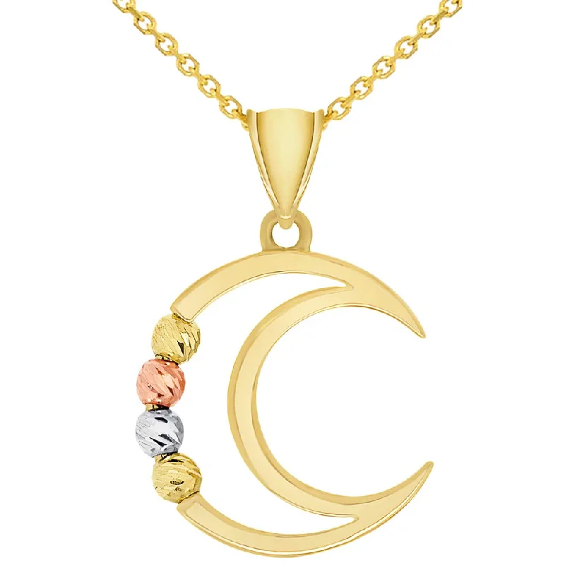 women long necklaces -14k Tri-Color Gold Beaded Open Crescent Moon Pendant Necklace with Cable, Curb, or Figaro Chain