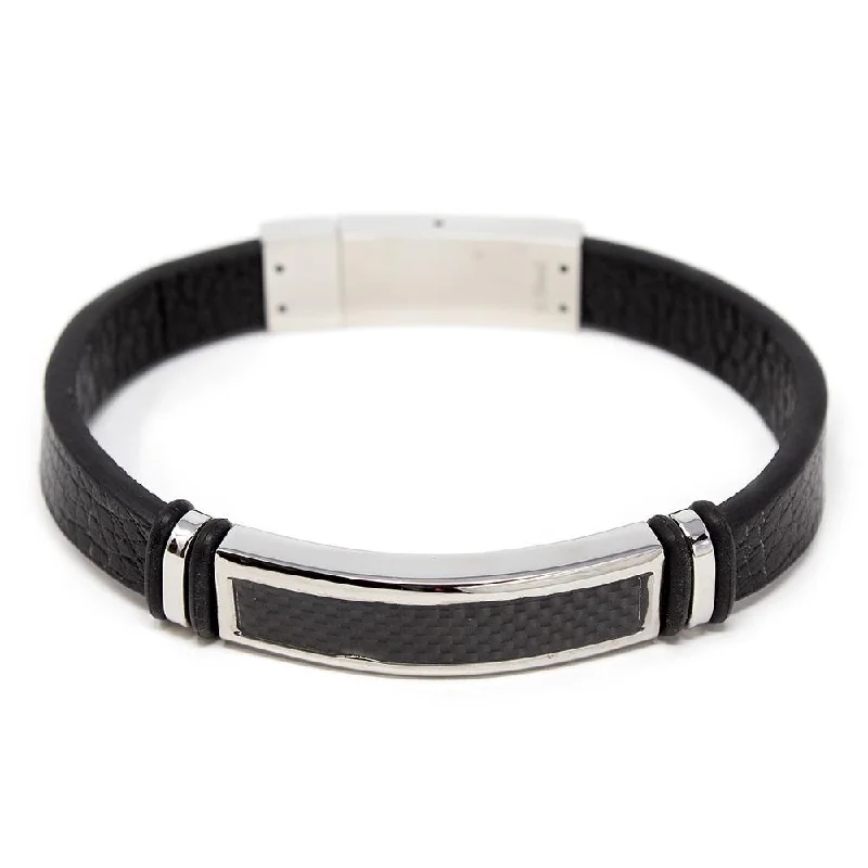 women stackable bangles -Stainless Steel Leather Bracelet W Fiber Station Black