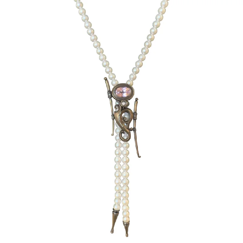 women diamond studded necklaces -1888 Pearl, Kunzite, and Diamond Bolo Necklace