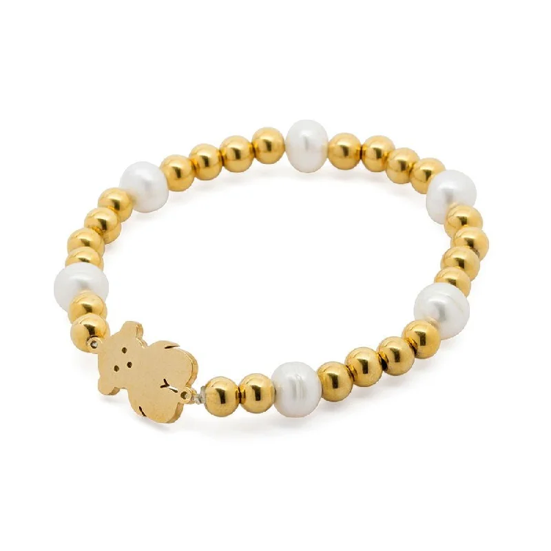 women wedding bracelets -Stainless Steel Gold Plated Pearl Teddy Charm Stretch Bracelet