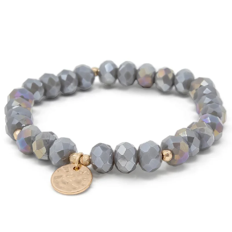 women double chain bracelets -Grey Glass Bead Bracelet with Disc Charm Gold Tone