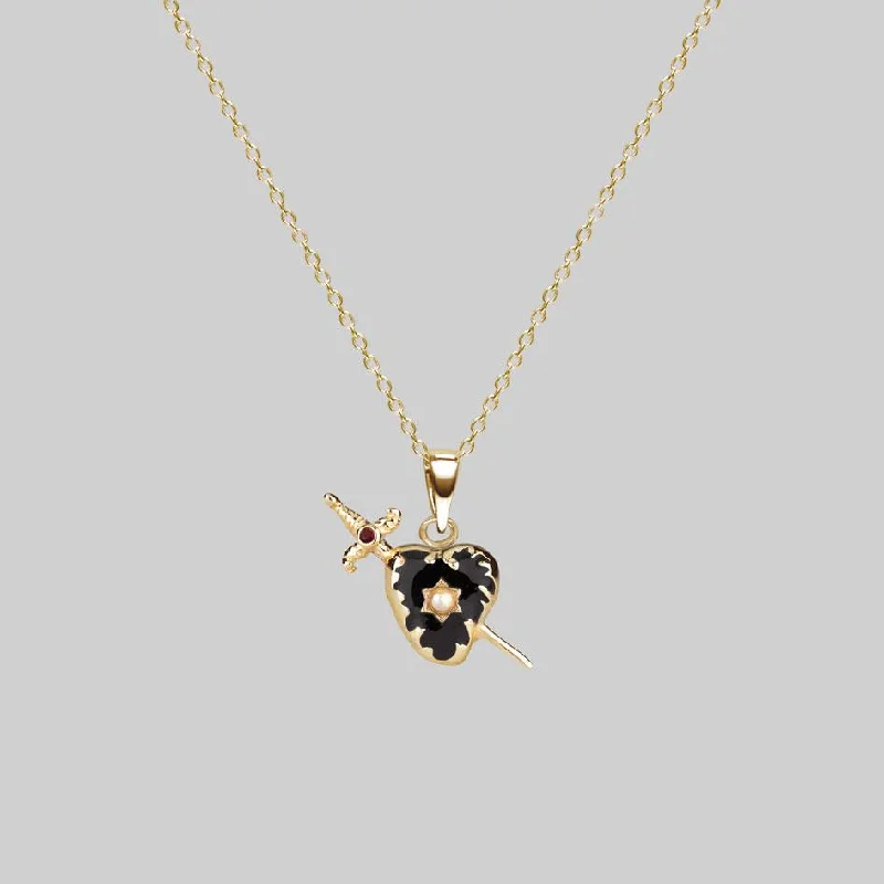 women birthstone necklaces -DEVOTION. Black Heart & Sword Gold Necklace