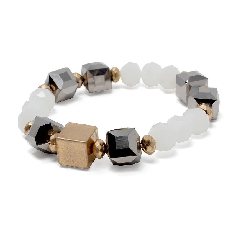 women statement bracelets -White Glass Beaded Stretch Bracelet with Gold Tone Cube