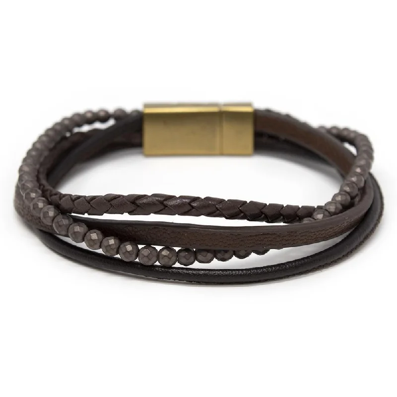 women braided bracelets -Men's Four Row Braided Leather Bracelet with Bead Brown